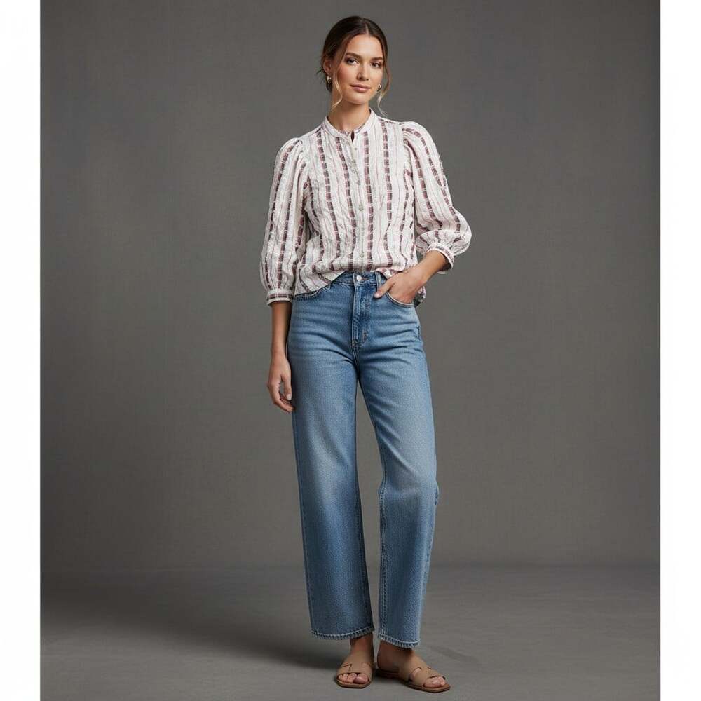 Pilcro Anthropologie Button Down Blouse XS Puff Sleeve Embroidered Stripe Top